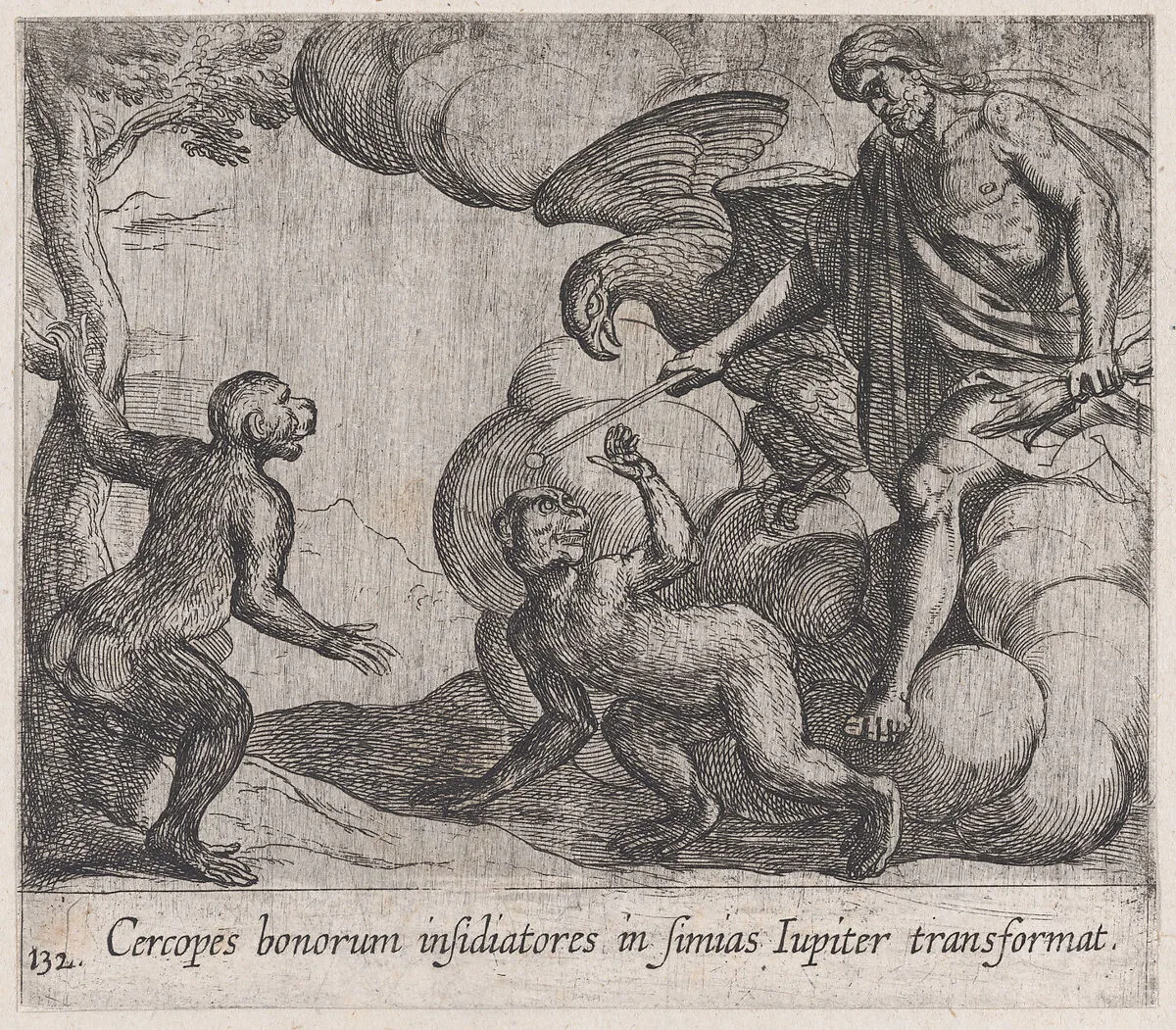Plate 132: Jupiter Changing the Cercopians into Monkeys (Cercopes bonorum insidiatores in Simias Iupiter transformat), from Ovid's 'Metamorphoses' — Antonio Tempesta