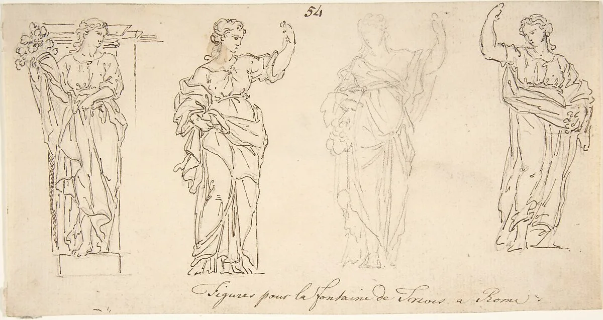 Design for Female Figures for the Trevi Fountain — Anonymous, French, 18th century