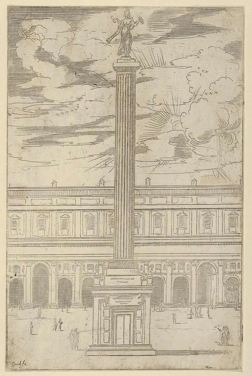 Triumphal column with female figure of Fame holding a trumpet at the top, a temporary decoration for the entry of Pope Clement VIII in Bologna in 1598 — Guido Reni