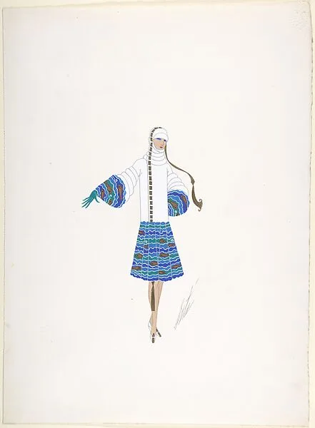 Design for a Hat and Coat in White with Fish Pattern on Skirt and Sleeve Borders for "Manhattan Mary," Majestic Theater, New York — Erté (Romain de Tirtoff)
