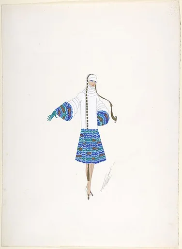 Design for a Hat and Coat in White with Fish Pattern on Skirt and Sleeve Borders for "Manhattan Mary," Majestic Theater, New York