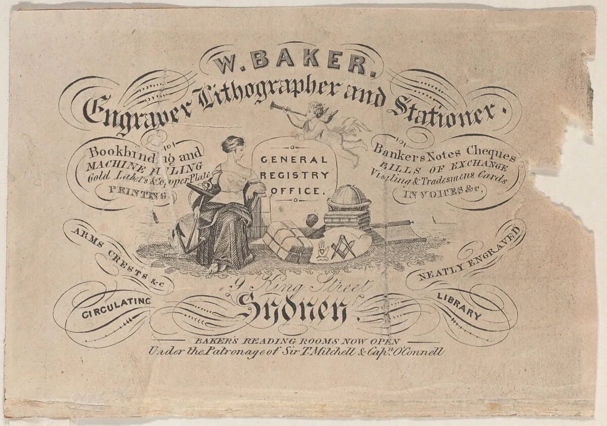 Trade Card for W. Baker, Engraver, Lithographer & Stationer — Anonymous, British, 19th century