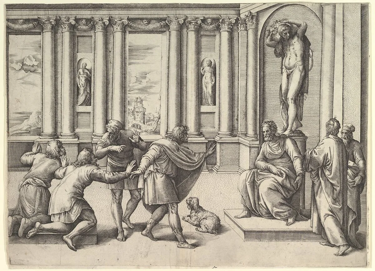 Man Seated Beneath a Statue of Bacchus, Receiving an Audience — Battista Franco