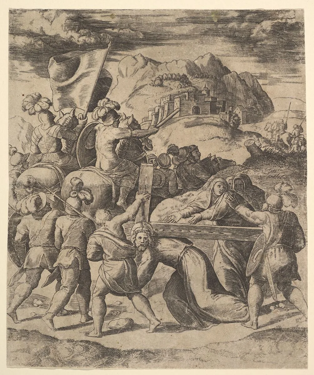 Christ carrying the cross surrounded by soldiers, several on horseback — Master of the Die