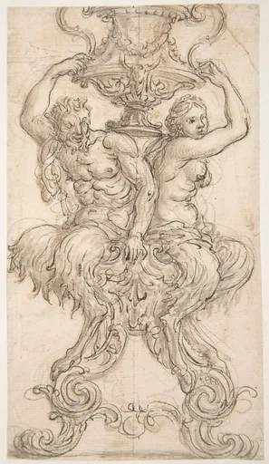 Satyr and Satyress Seated on a Pedestal Supporting a Vase.