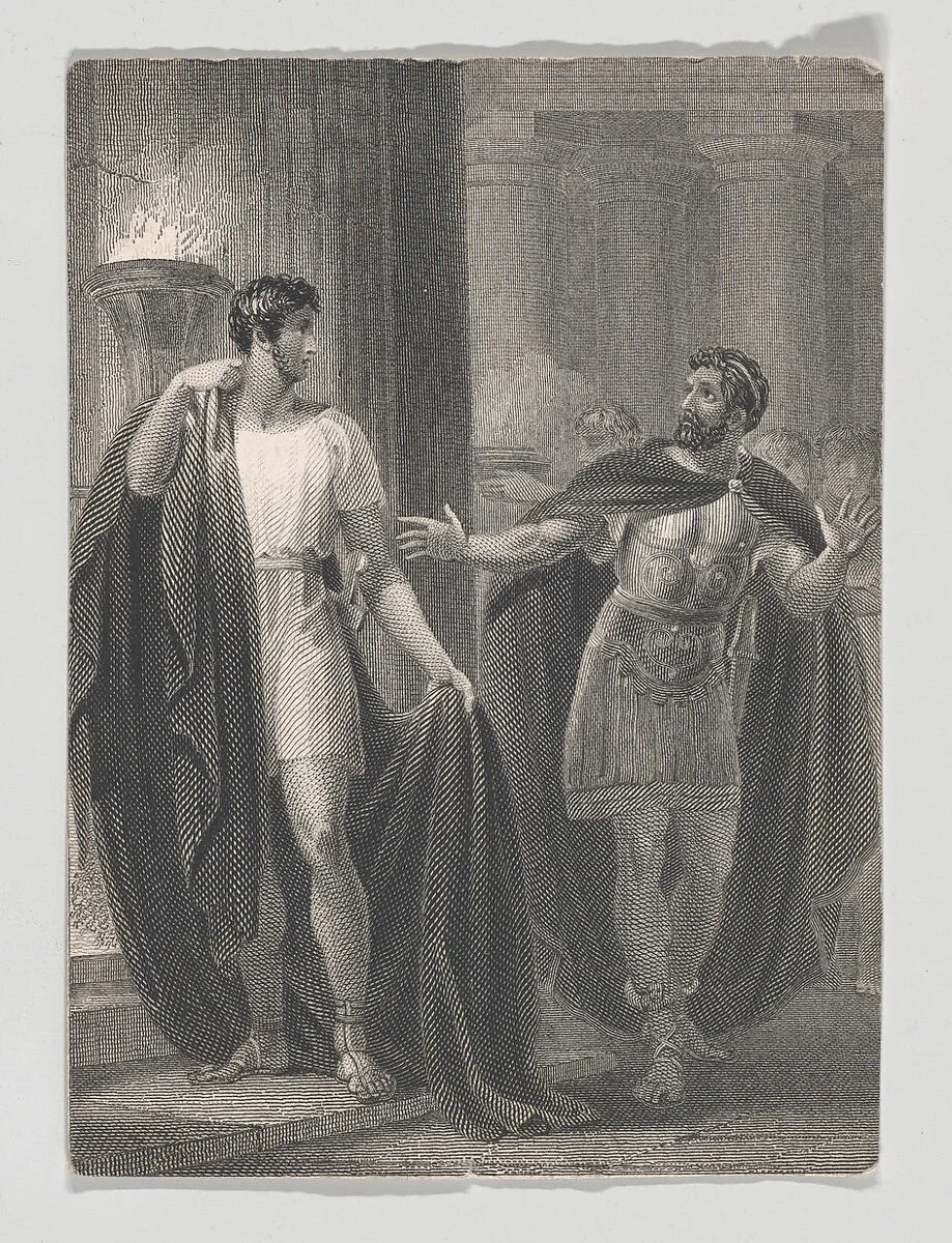 Coriolanus and Aufidius (Shakespeare, Coriolanus, Act 4, Scene 5) — Charles Heath, the elder|Henry Corbould|William Shakespeare