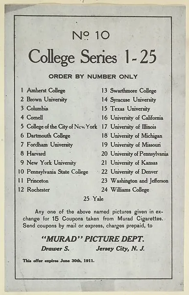 No. 10, College Series 1-25, version two of card back, part of College Series cabinet cards (T6) — Murad Cigarettes