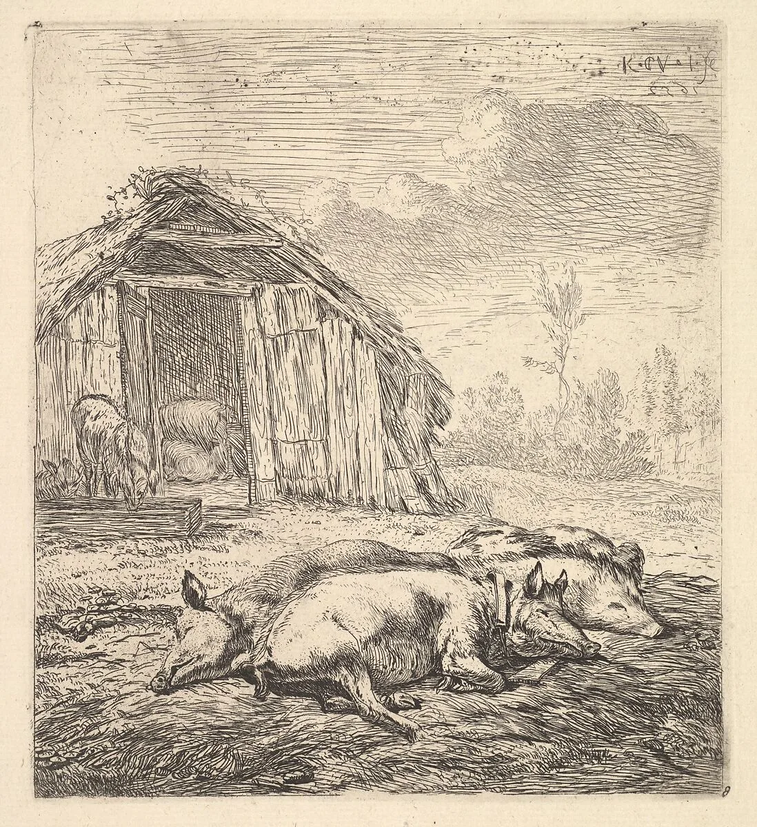 Three pigs lying on their sides, a pigsty and trough beyond — Karel Dujardin