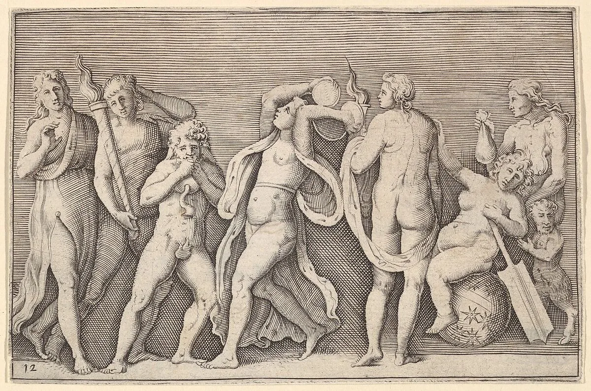 Bacchanale with Eight Figures, from "Ex Antiquis Cameorum et Gemmae Delineata/ Liber Secundus/et ab Enea Vico Parmen Incis" — Francesco Angeloni|Battista Franco|Philippe Thomassin|Enea Vico|Anonymous, Italian, 16th century
