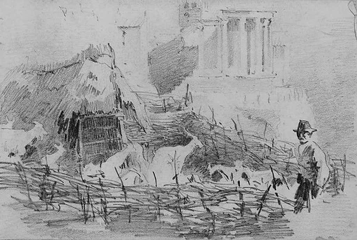 Man in Landscape with Temple on Hill in Background (from Scrapbook)
