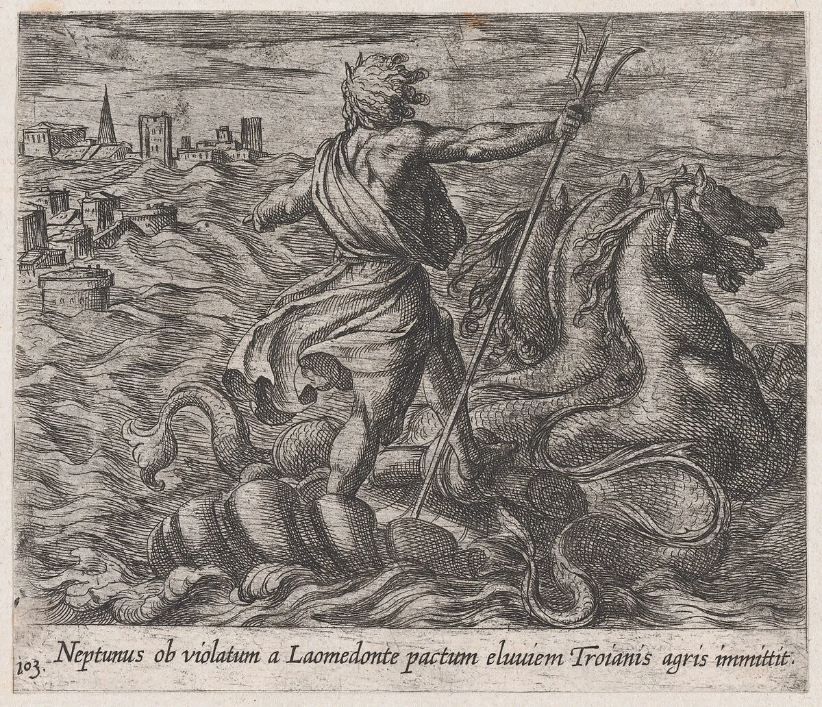 Plate 103: Neptune Sending a Deluge to Troy (Neptunus ob violatum a Laomendonte pactum eluviem Troianis agris immittit), from Ovid's 'Metamorphoses' — Antonio Tempesta