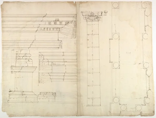 Palazzo dei Conservatori, portico, plan; façade cornice, elevation; minor order, cornice; column, elevation; pedestal, elevation (recto) Palazzo dei Conservatori, portal, elevation; section (verso)
