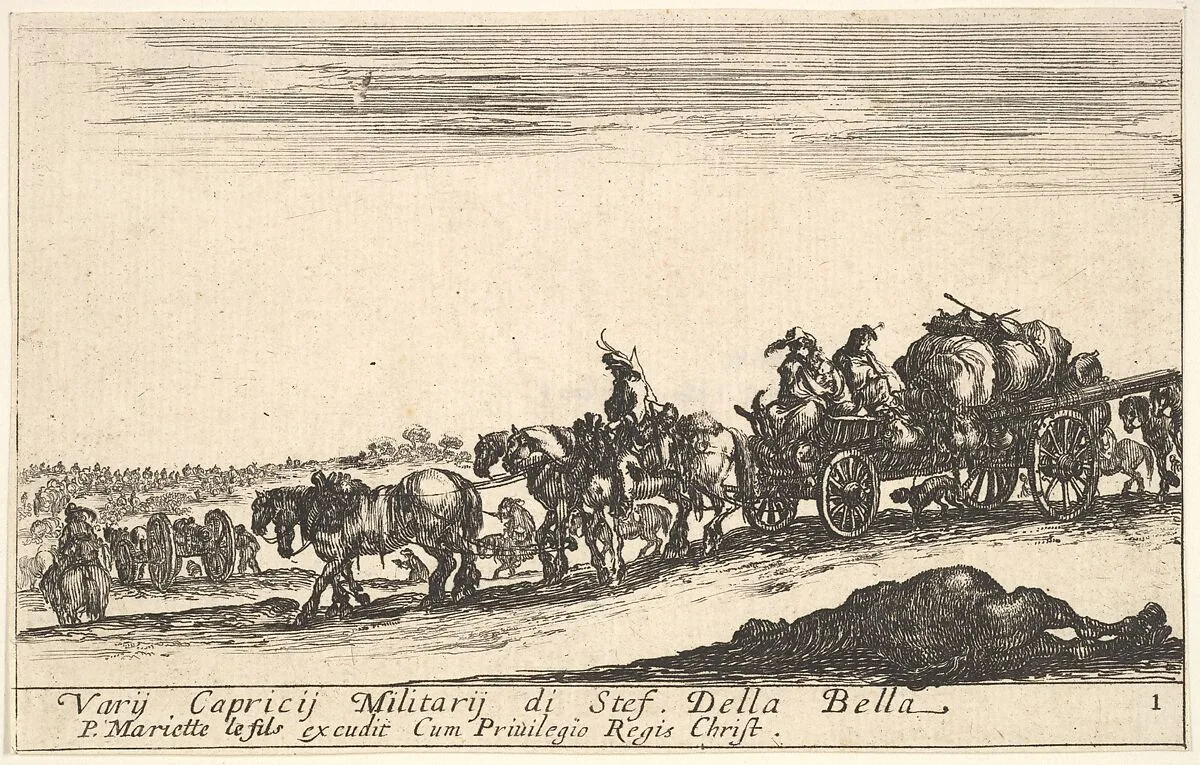 Plate 1: A horse drawn cart carrying people and goods, dead horse in the foreground, from 'Various Military Caprices' (Varii capricci militari) — Stefano della Bella|Pierre Mariette le fils
