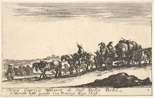 Plate 1: A horse drawn cart carrying people and goods, dead horse in the foreground, from 'Various Military Caprices' (Varii capricci militari)