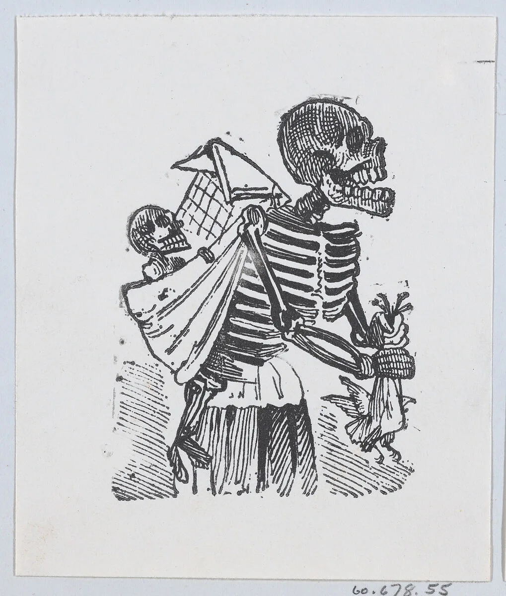 A skeleton picking crops in a field while carrying a baby skeleton on her back — José Sanchez|José Guadalupe Posada