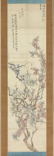 椿椿山筆 紅白桃花図(付・画稿)|Red and White Peach Blossoms, Preparatory Sketch