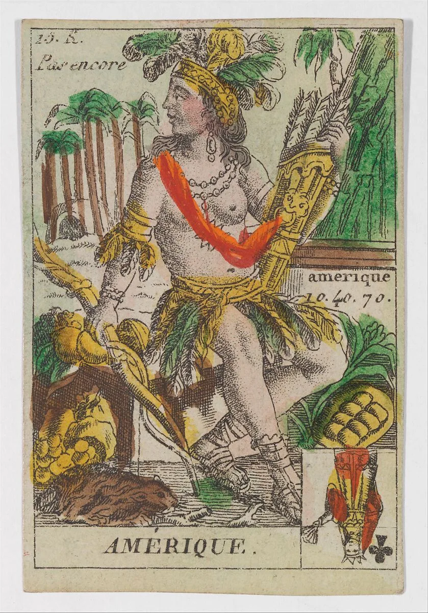 Amerique, from the playing cards (for quartets) "Costumes des Peuples Étrangers" — Anonymous, French, 18th century