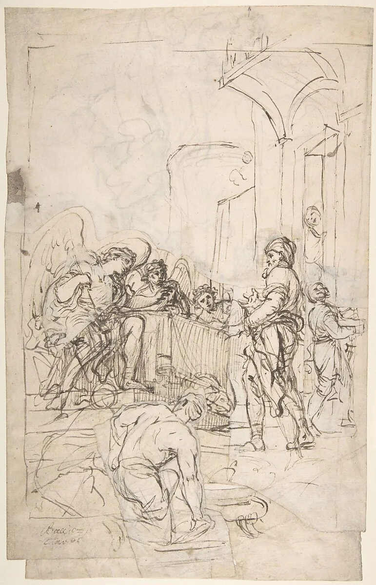 Abraham Entertaining the Three Angels (Genesis 18:1-15) (recto); A Couple Embracing, and Other (verso) — Francesco Lamarra
