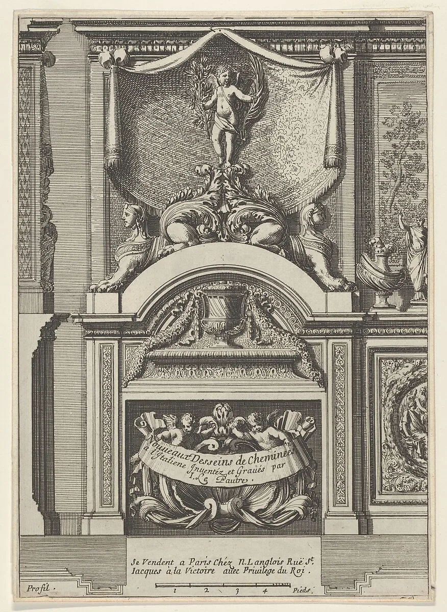 Design for a Fireplace Surmounted by Sphyxes and Cupid, Title Page from: Nouveaux dessins de cheminées à l'italienne — Jean Le Pautre|Nicolas Langlois