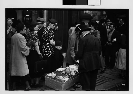 [Five 35mm Film Frames: Sidewalk Vendor, Shoppers, and Bystanders Outside Klein's Department Store, Union Square, New York City]
