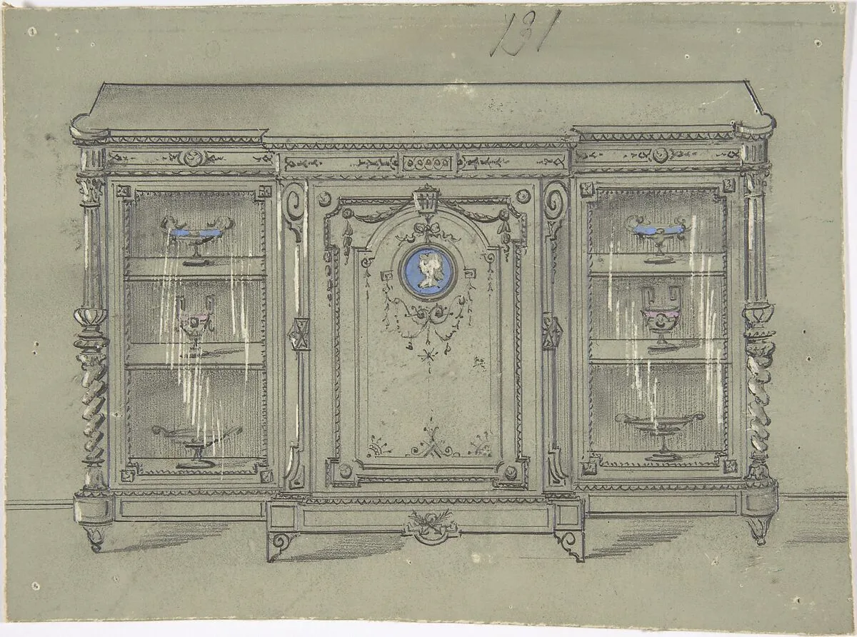 Design for a Cabinet with Glass Doors and a Porcelain Plaque — Anonymous, British, 19th century