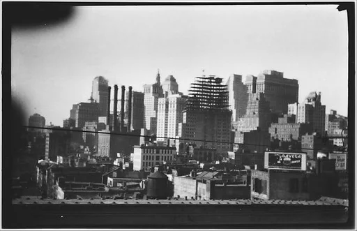 [Manhattan Skyline with Brooklyn Bridge Trussing, New York City]
