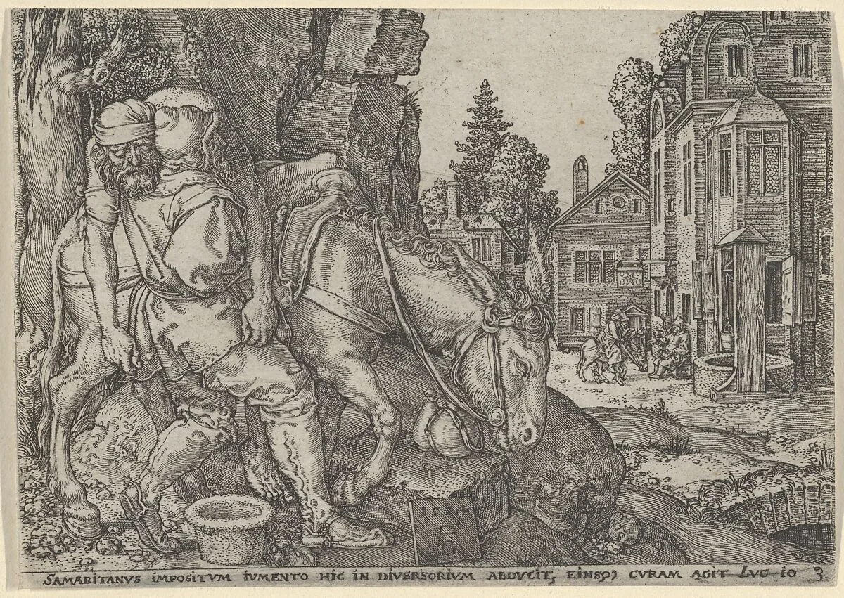 The Good Samaritan Putting the Traveller on His Donkey, from "The Parable of the Good Samaritan" — Heinrich Aldegrever