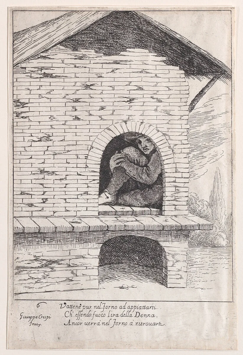 Plate 6: Bertoldo hidden in a furnace, from "Bertoldo, Bertoldino, and Cacasenno" — Giuseppe Maria Crespi