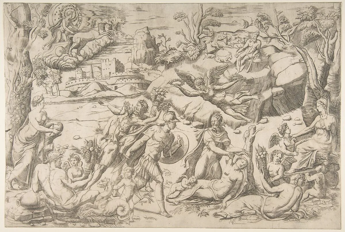 Mars and Rhea Silvia: in the centre Mars holds a shield and sword, Rhea Silvia sleeping, Apollo in his chariot upper left — Giulio Bonasone