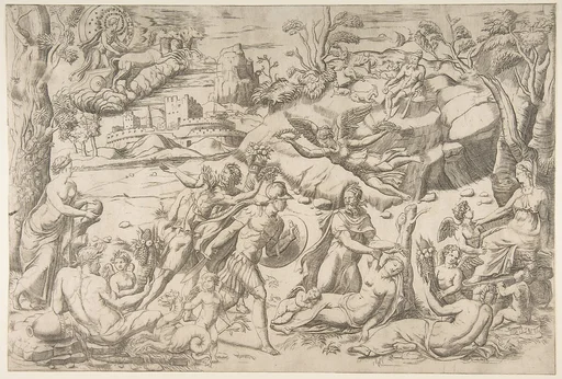 Mars and Rhea Silvia: in the centre Mars holds a shield and sword, Rhea Silvia sleeping, Apollo in his chariot upper left