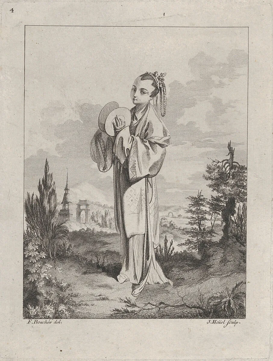 Chinoiserie with a woman holding cymbals, from Suite de Figures Chinoises. . .Tiré du Cabinet de Mr. d'Azaincourt (Series of Chinoiserie Figures. . .From the Chambers of Mr. d'Azaincourt), plate 4 — Gilles Demarteau|François Boucher|Jean Pierre Louis Laurent Hoüel