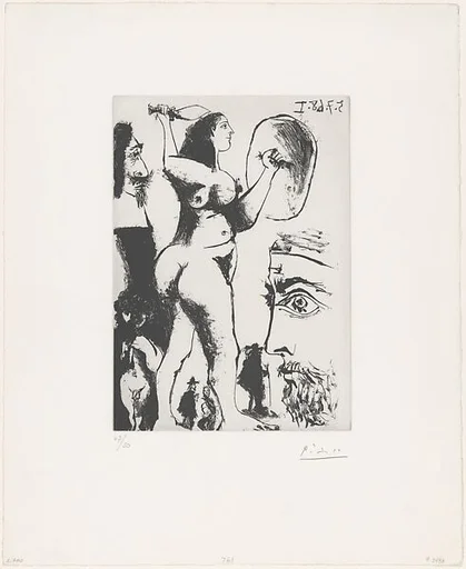 Artist Thinking of a Fighting Woman with Musketeer, Cupid and Small Characters, from 347 Suite