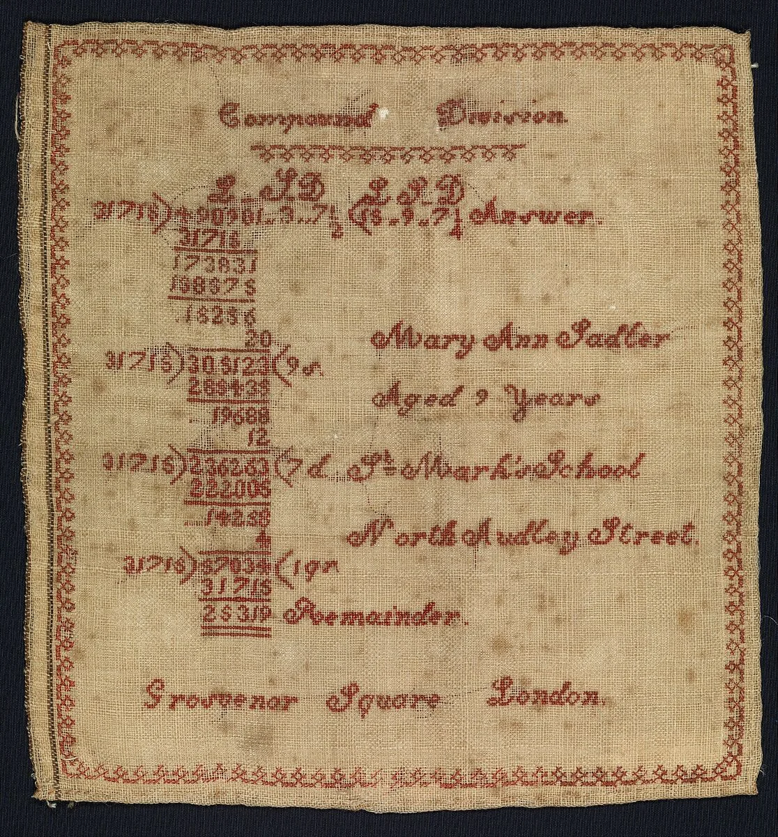 Sampler with compound division equation — Mary Ann Sadler