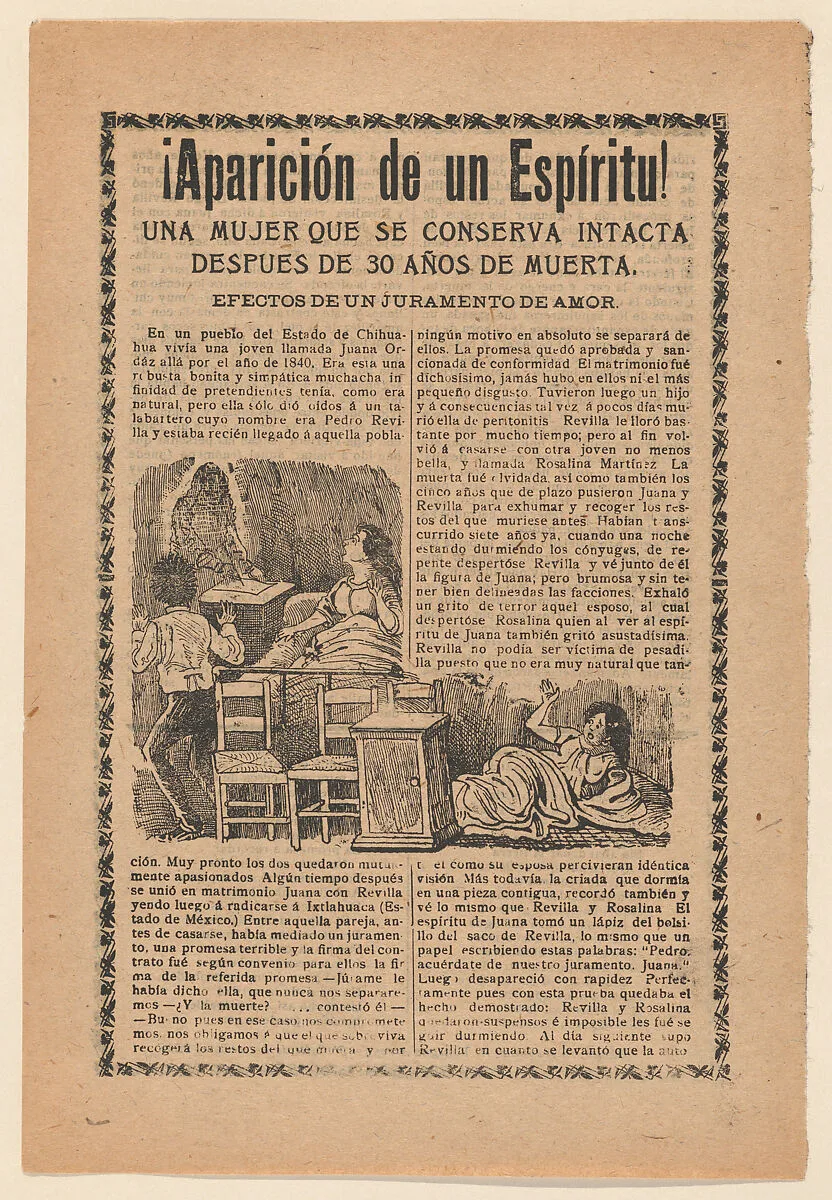 Broadside relating to a news story about an apparition of a spirit, women sitting up in bed looking at a ghost — José Guadalupe Posada|Antonio Vanegas Arroyo