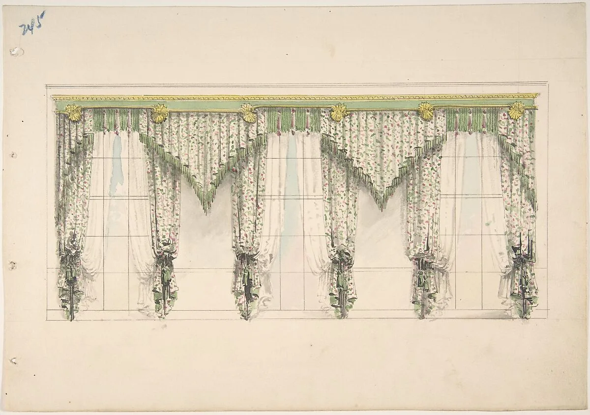 Design for Curtains with Pink, Green and White Floral Fabric and Pink and Green Fringes — Anonymous, British, 19th century