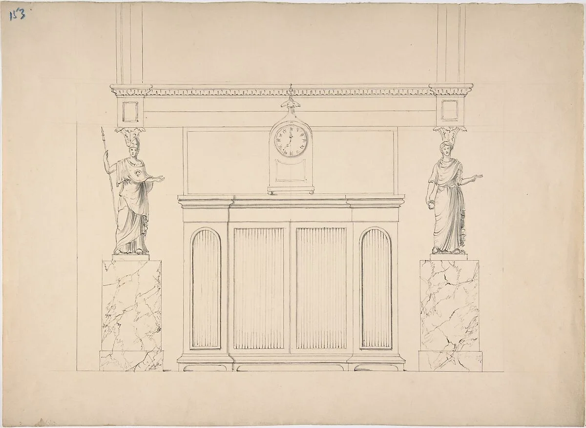 Design for a Cabinet with Inset Fabric Panels, and Two Female Classical Statues on Marble Pedestals — Anonymous, British, 19th century
