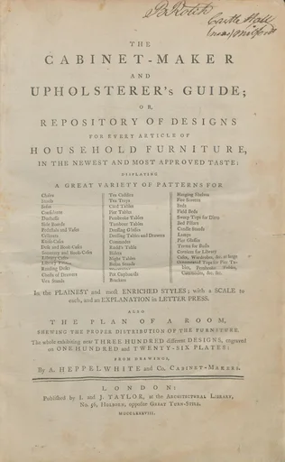The cabinet-maker and upholsterer's guide, or, Repository of designs for every article of household furniture, in the newest and most approved taste : displaying a great variety of patterns for chairs, stools ... in the plainest and most enriched styles : with a scale to each, and an explanation in letter press : also the plan of a room, shewing the proper distribution of the furniture ... from drawings