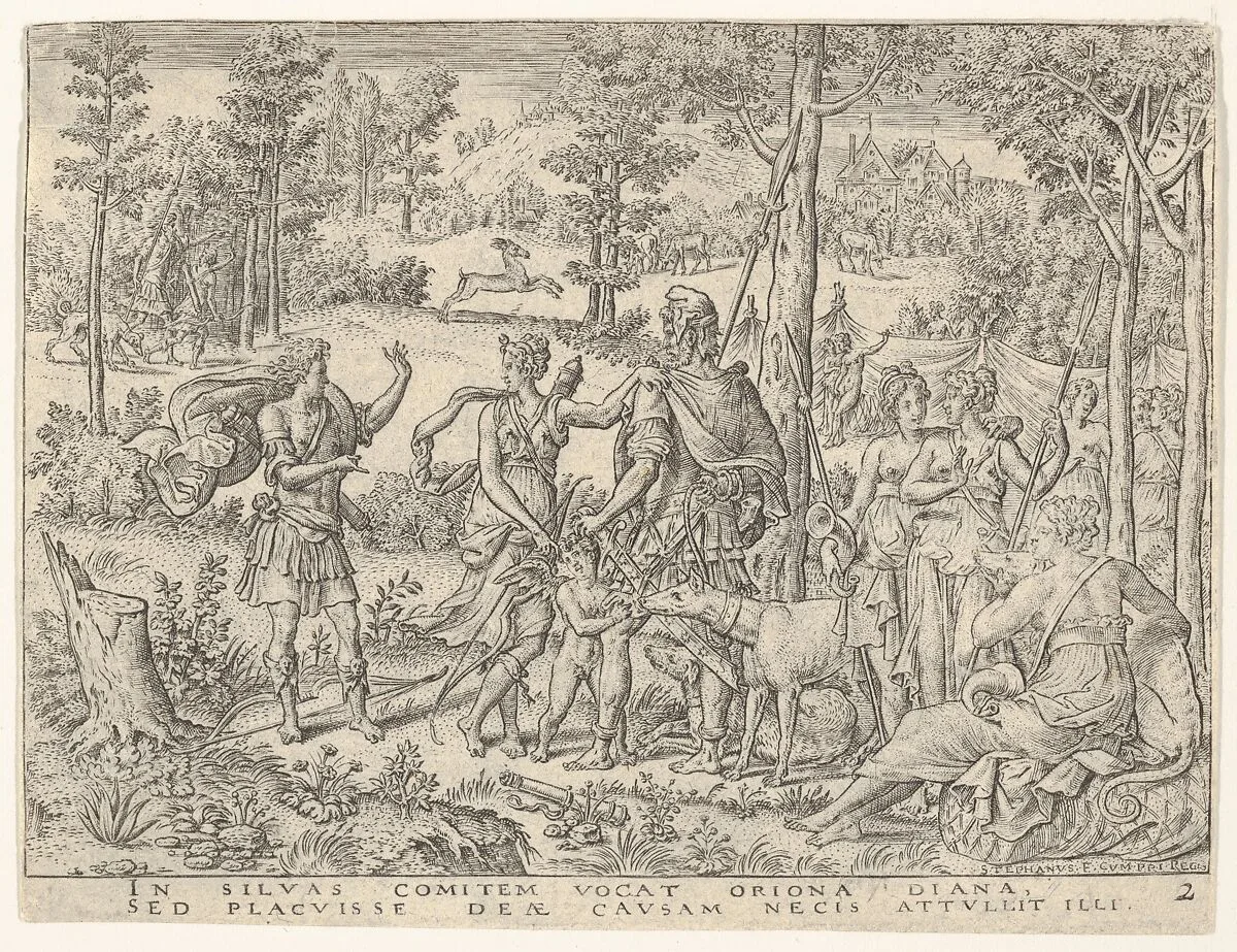 Diana accepts the huntsman Orion into her company (Diane admettant en sa compagnie le chasseur orion) — Etienne Delaune