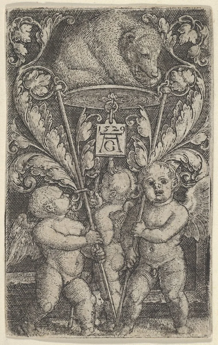 Vertical Panel with Three Winged Boys Carrying a Bear on a Tray — Heinrich Aldegrever