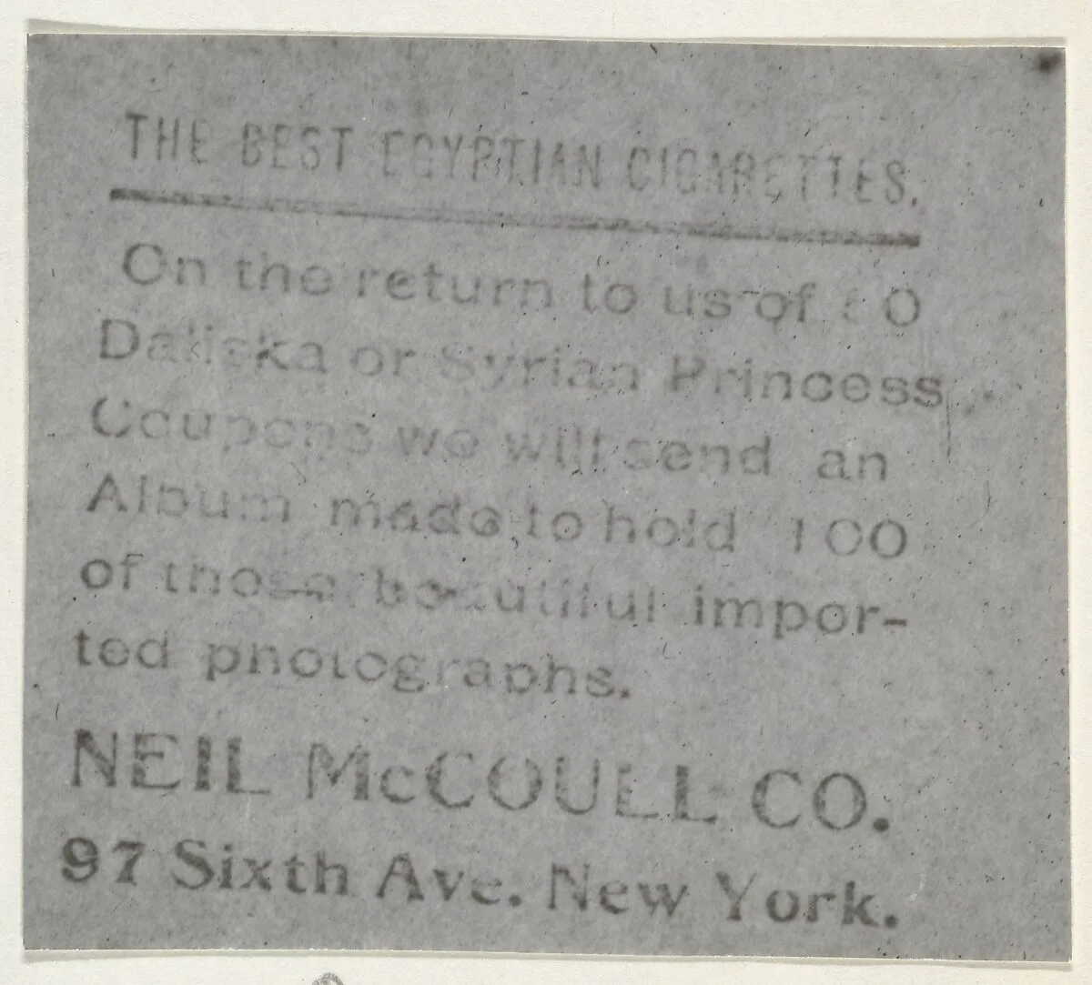 Facsimile of card verso, from the Actresses series (T123, Type 1), issued by Neil McCoull Co. — Neil McCoull Co.