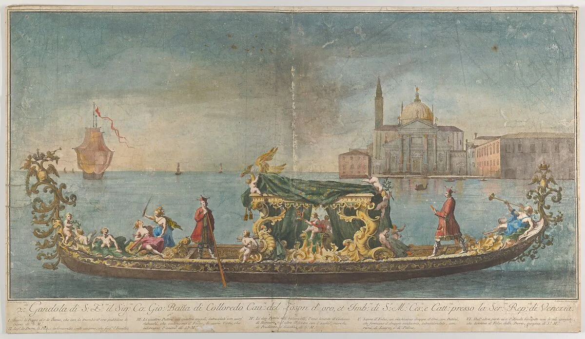 The highly ornamented second gondola of Ambassador Giovanni Battista Colloreado entering Venice — Luca Carlevaris|Giovanni Antonio Faldoni