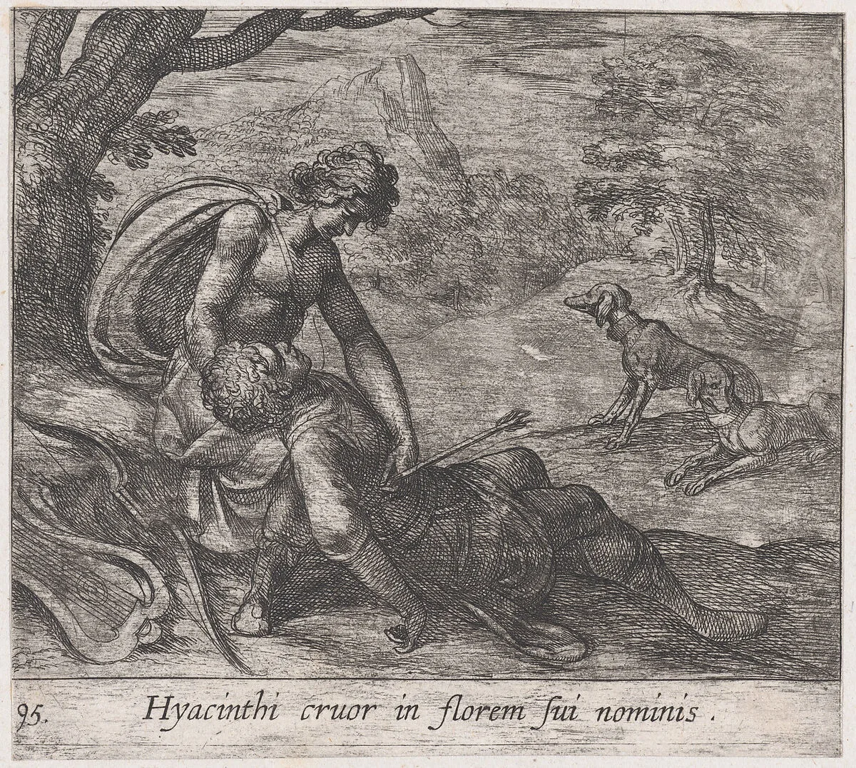 Plate 95: The Death of Hyacinthus (Hyacinthi cruor in florem sui nominis), from Ovid's 'Metamorphoses' — Antonio Tempesta