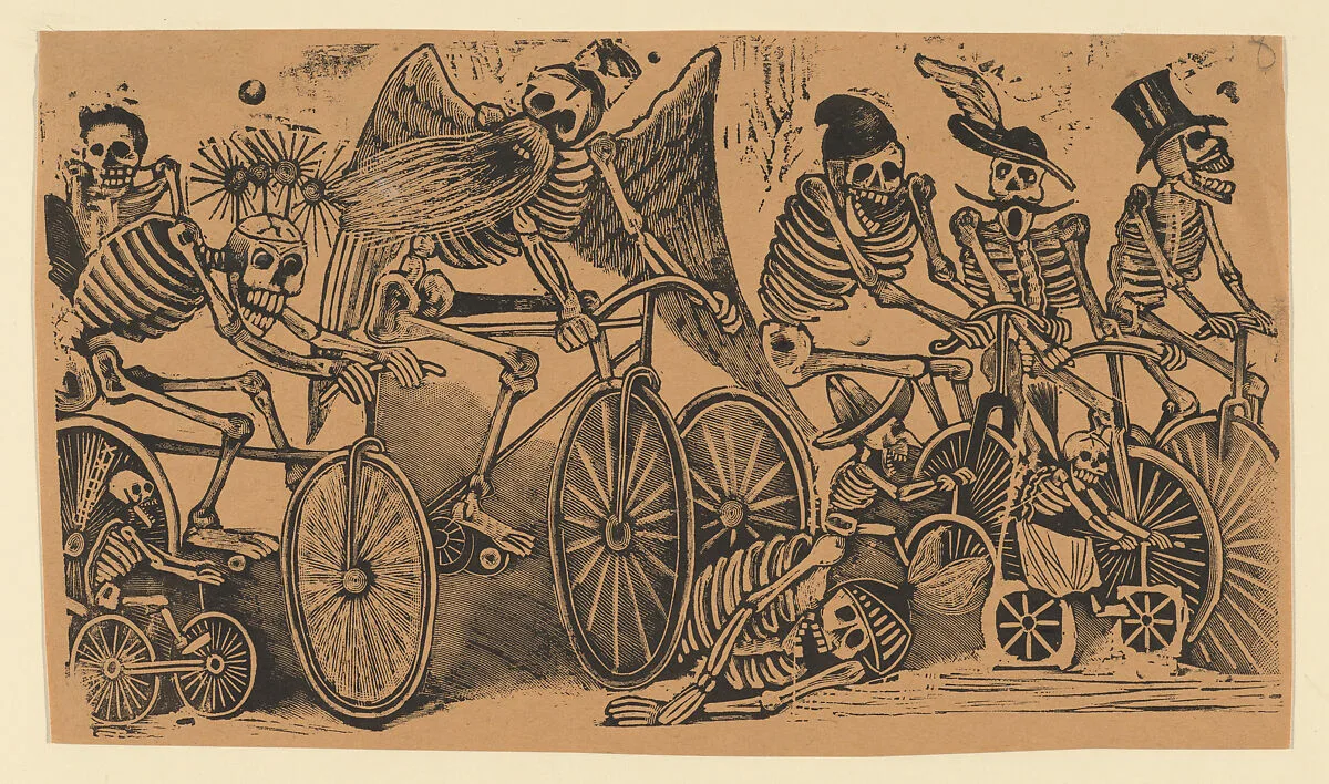 Skeletons (calaveras) riding bicycles — José Guadalupe Posada