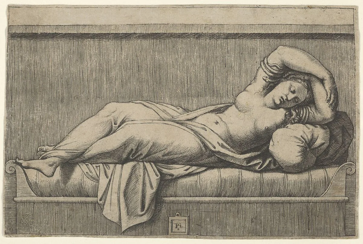 Cleopatra lying partly naked on a bed — Marcantonio Raimondi|Raphael (Raffaello Sanzio or Santi)