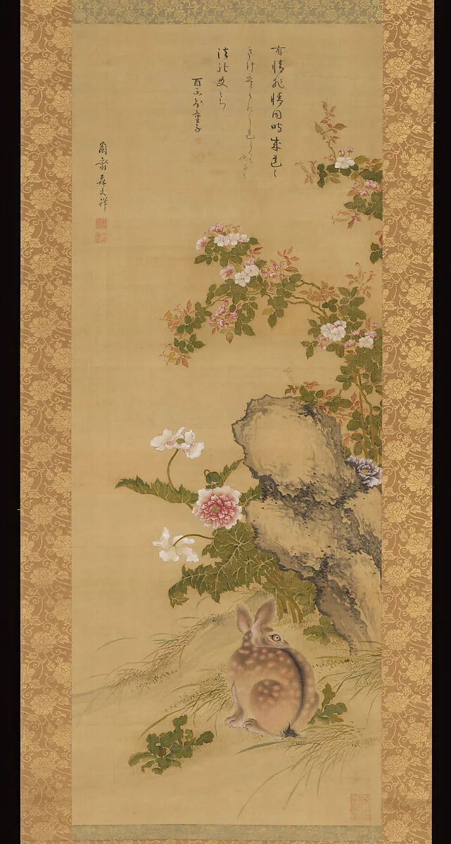森蘭斎筆 慈雲飲光賛 薔薇に兎図|Rabbit and Roses — Jiun Sonja|Mori Ransai