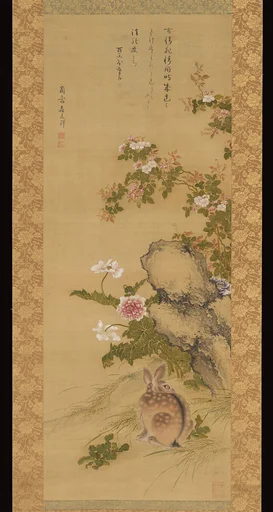 森蘭斎筆 慈雲飲光賛 薔薇に兎図|Rabbit and Roses
