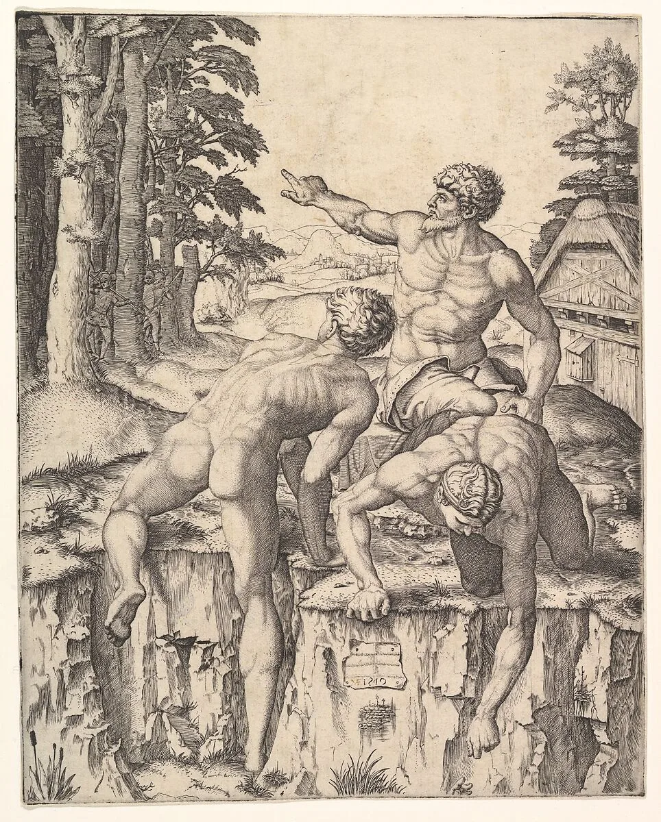 The Climbers: three naked men, one seen from behind climbing onto a river-bank, soldiers emerge from the forest in the background — Lucas van Leyden|Marcantonio Raimondi|Michelangelo Buonarroti