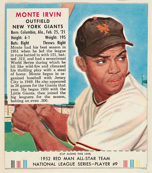 Monte Irvin, from the Red Man All-Star Team series (T232), issued by Red Man Chewing Tobacco — Red Man Chewing Tobacco