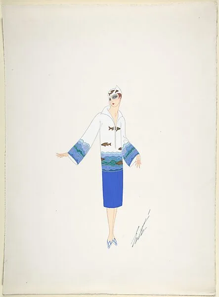 Design for Davidow, New York: Dress of White, Blue and Green with Border of Sea Ripples and Fish at Hips and Sleeves and a Hat — Erté (Romain de Tirtoff)