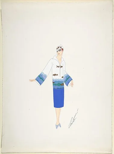 Design for Davidow, New York: Dress of White, Blue and Green with Border of Sea Ripples and Fish at Hips and Sleeves and a Hat